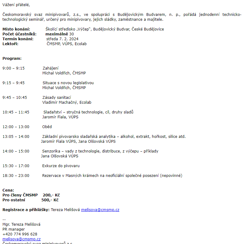 Pozvánka na technicko-technologický seminář v Budějovickém Budvaru