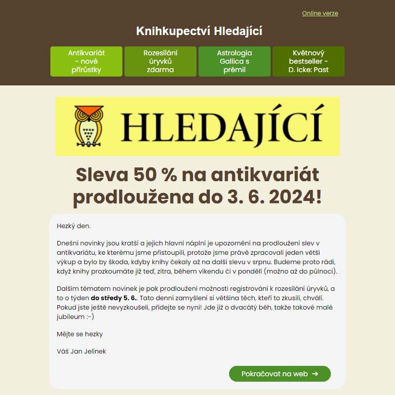 400 knih z nového výkupu - ještě do 3. 6. se slevou 50 % (prodlouženo) | 20. rozesílání úryvků - přihlášky do 5. 6. - novinky k 30. 5. 2024