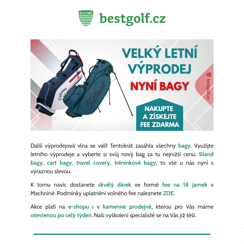 Výprodejová bomba - golfové bagy a osmnáctka zdarma