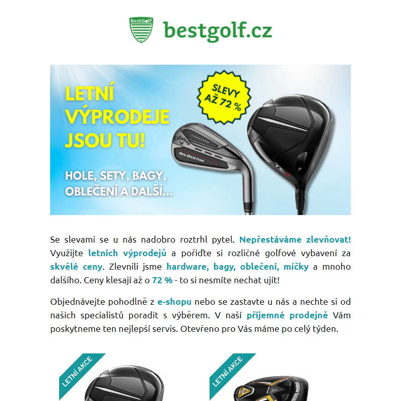 Obrovské letní výprodeje golfového vybavení. Slevy až 72 %.