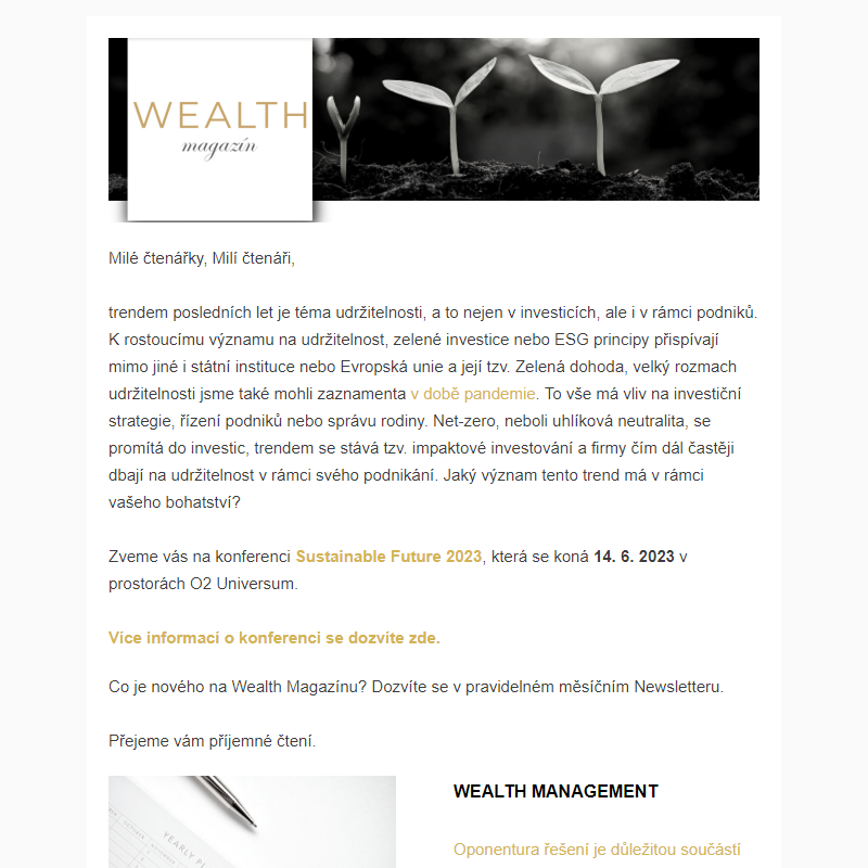 _ Wealth Magazín - News 1 / Červen 2023 + pozvánka na Sustainable Future
