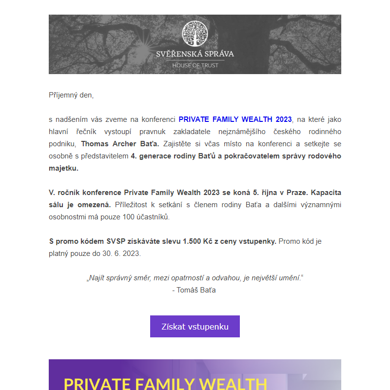 [POZVÁNKA]  Potkejte se s T. A. Baťou na konferenci Private Family Wealth 2023