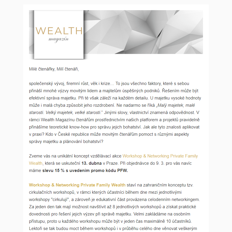 _ Wealth Magazín - News 1 / Březen 2023 + 15% sleva na Workshop & Networking Private Family Wealth
