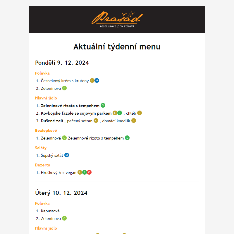 Týdenní jídelní lístek 9.12. - 15.12.2024