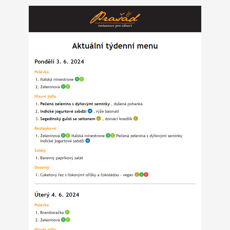 Týdenní jídelní lístek 3.6. - 9.6. 2024