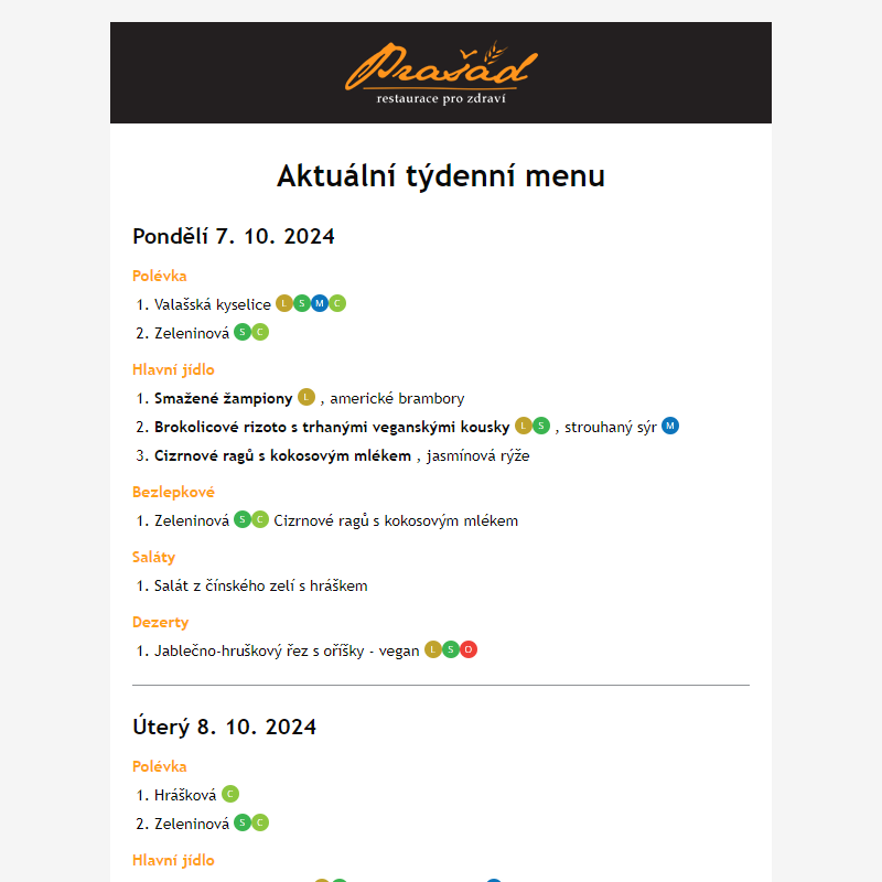 Týdenní jídelní lístek 7.10. - 13.10.2024