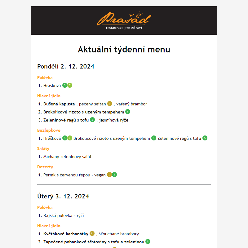 Týdenní jídelní lístek 2.12. - 8.12.2024