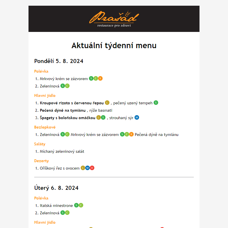 Týdenní jídelní lístek 5.8. - 11.8.2024