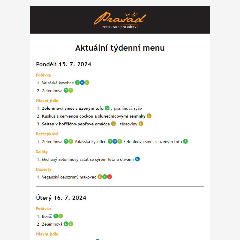 Týdenní jídelní lístek 15.7. - 21.7.2024