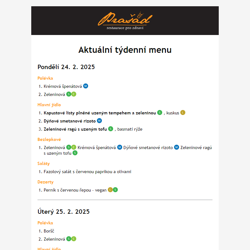 Týdenní jídelní lístek 24.2. - 2.3.2025