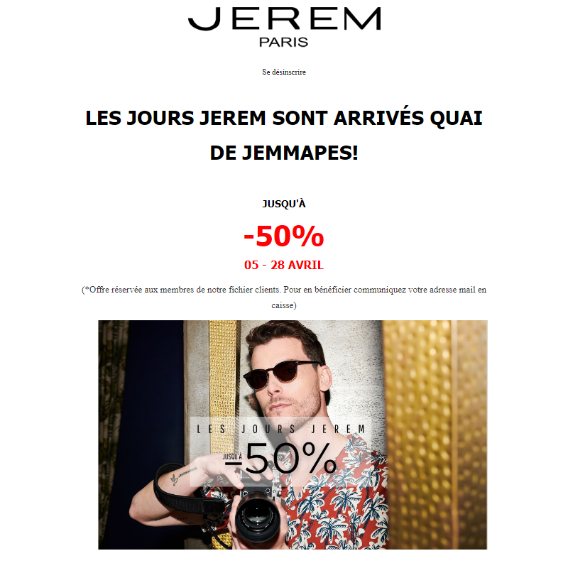 Jusqu'_ -50% dans votre boutique Jerem quai de Jemmapes!  Plongez dans les Jours Jerem pour une mode homme au sommet! ___