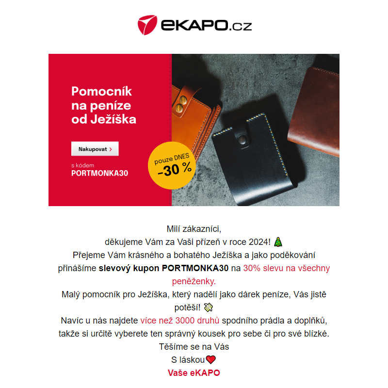 Pomocník na peníze od Ježíška - 30 % na všechny peněženky