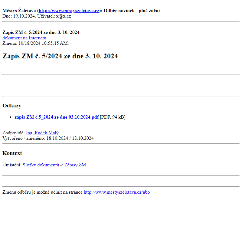 Odběr novinek ze dne 19.10.2024 - dokument Zápis ZM č. 5/2024 ze dne 3. 10. 2024