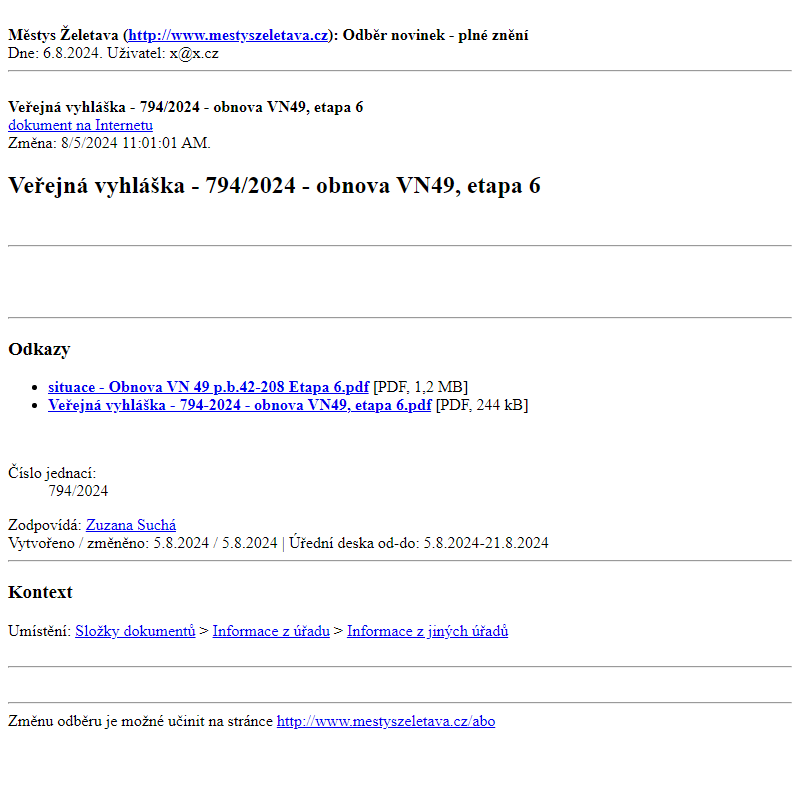 Odběr novinek ze dne 6.8.2024 - dokument Veřejná vyhláška - 794/2024 - obnova VN49, etapa 6