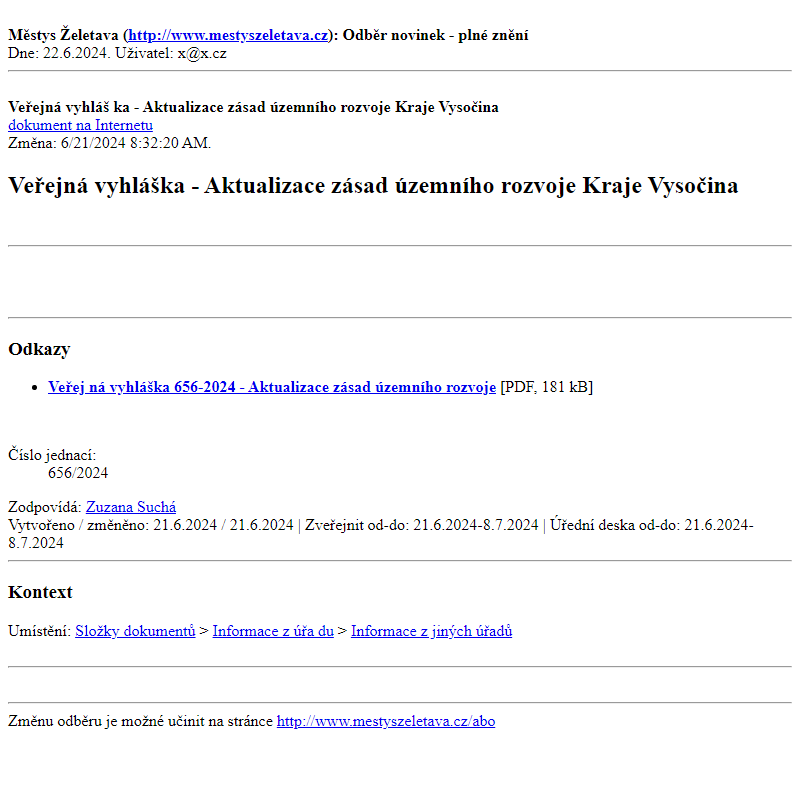 Odběr novinek ze dne 22.6.2024 - dokument Veřejná vyhláška - Aktualizace zásad územního rozvoje Kraje Vysočina