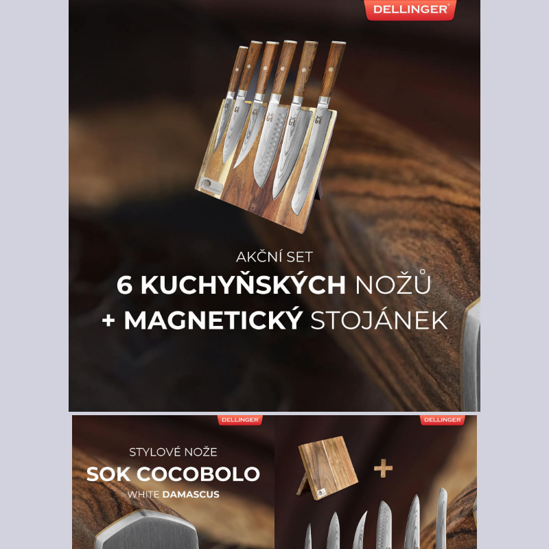 _ Akční set za zvýhodněnou cenu - 6 kuchyňských nožů SOK Cocobolo White Damascus + Magnetický stojánek _