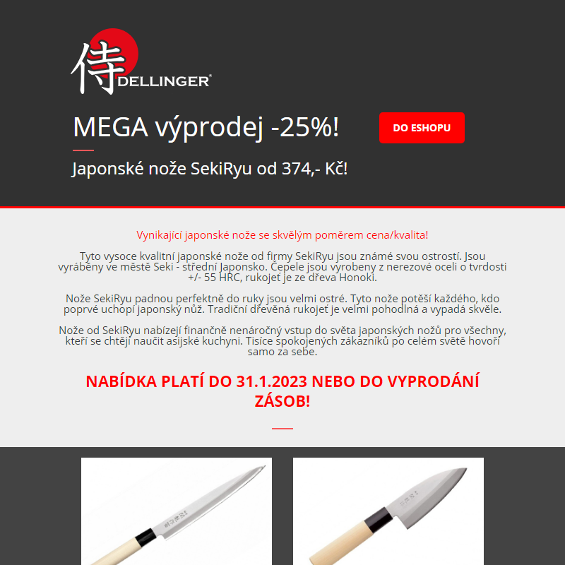 _ MEGAvýprodej - až do 31.1.2023 nakoupíte japonské nože SekiRyu se slevou -25%! Japonské nože od 374,- Kč! _