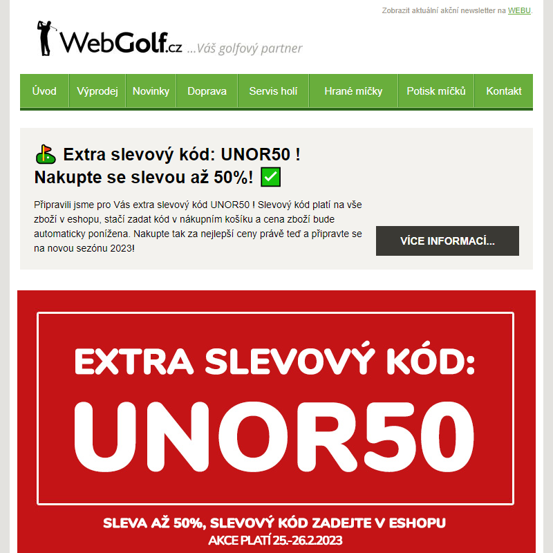 __ Extra slevový kód: UNOR50 ! Připravte se na novou golfovou sezónu za super ceny !