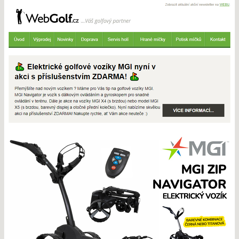 _ AKCE: Elektrický golfový vozík MGI s dálkovým ovládáním a jiné modely vozíků nyní v akci s příslušenstvím ZDARMA ! _
