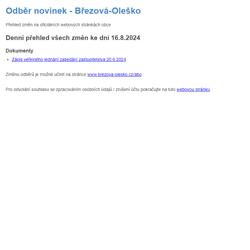 Březová-Oleško: Odběr novinek ze dne 16.8.2024