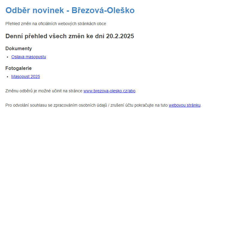 Březová-Oleško: Odběr novinek ze dne 20.2.2025