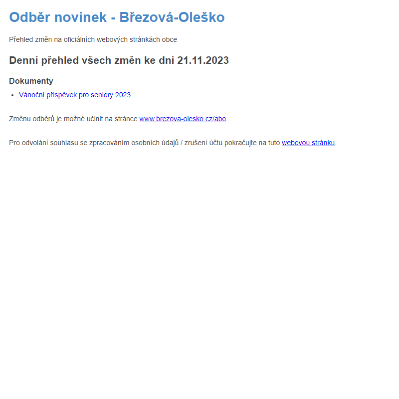 Březová-Oleško: Odběr novinek ze dne 21.11.2023