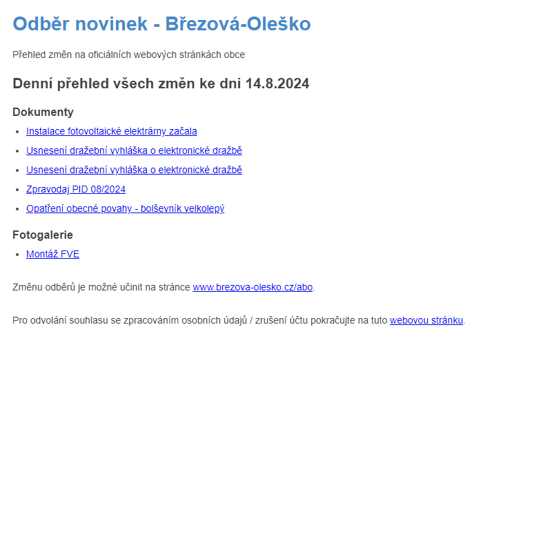 Březová-Oleško: Odběr novinek ze dne 14.8.2024