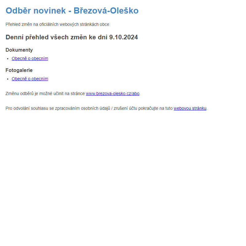 Březová-Oleško: Odběr novinek ze dne 9.10.2024