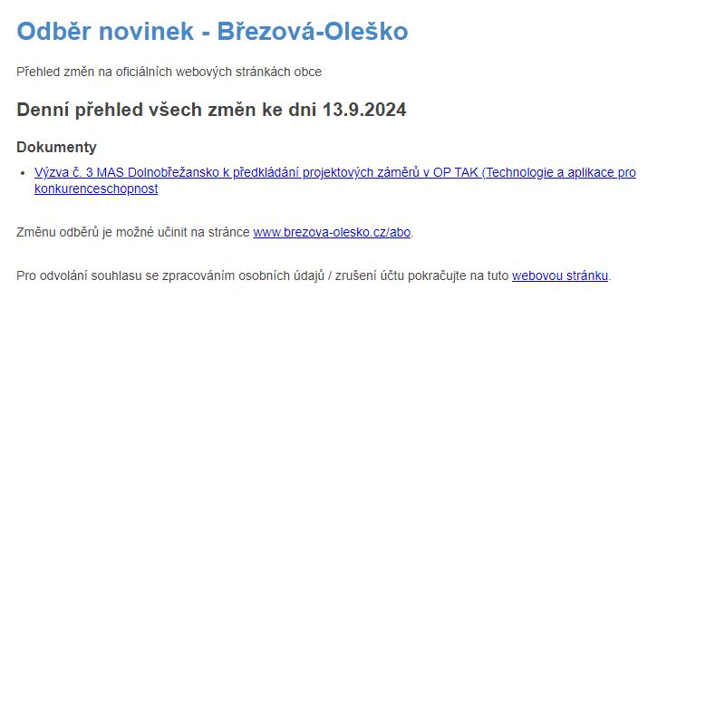 Březová-Oleško: Odběr novinek ze dne 13.9.2024