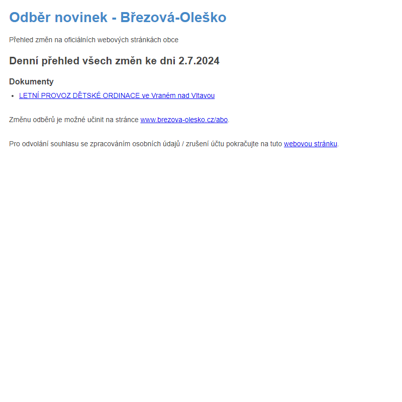 Březová-Oleško: Odběr novinek ze dne 2.7.2024