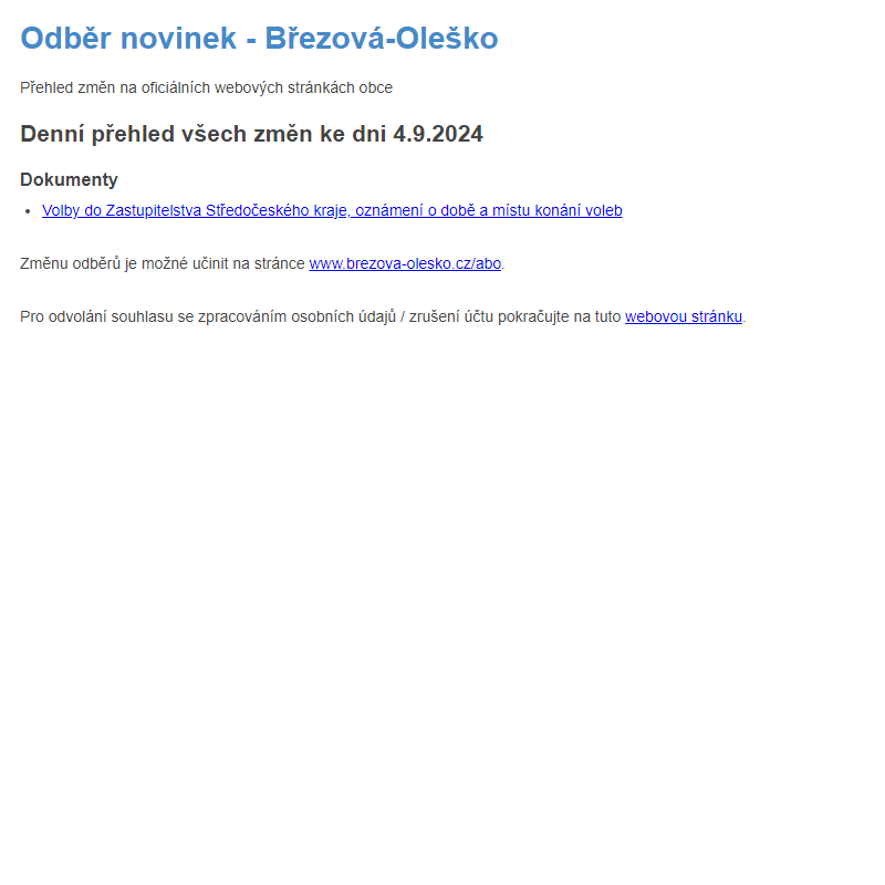 Březová-Oleško: Odběr novinek ze dne 4.9.2024