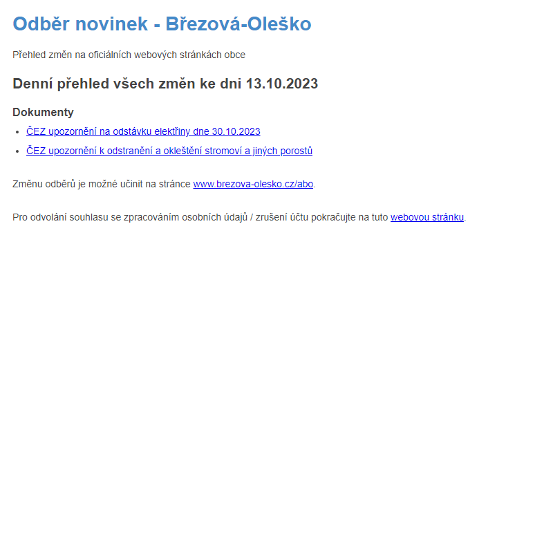 Březová-Oleško: Odběr novinek ze dne 13.10.2023