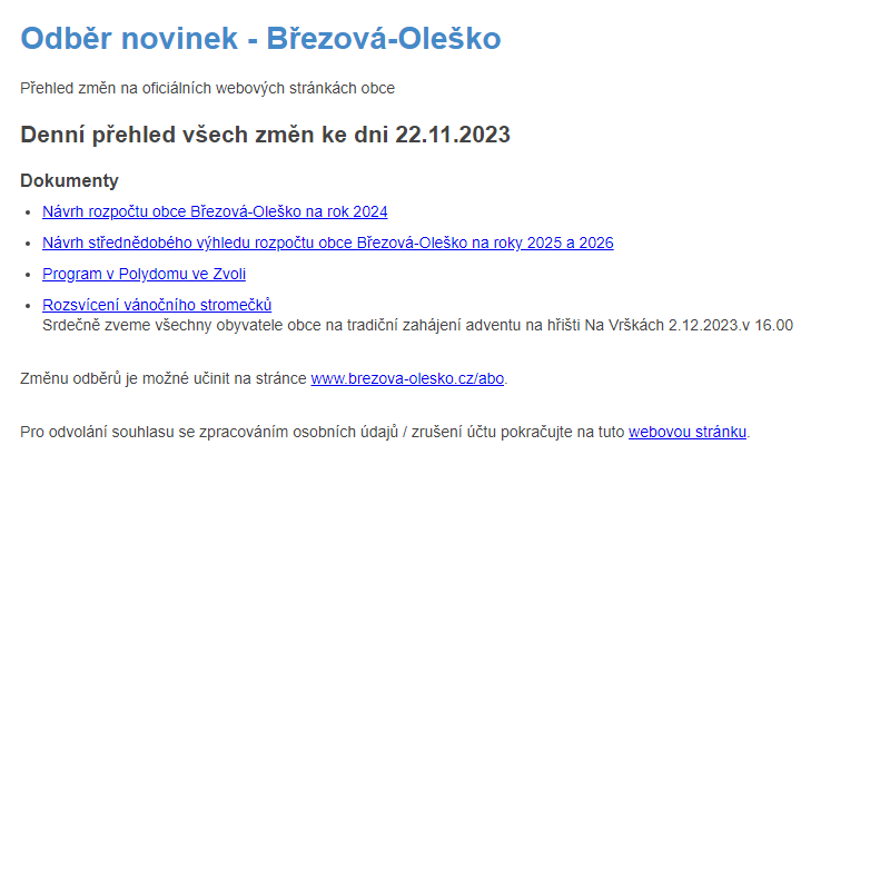 Březová-Oleško: Odběr novinek ze dne 22.11.2023