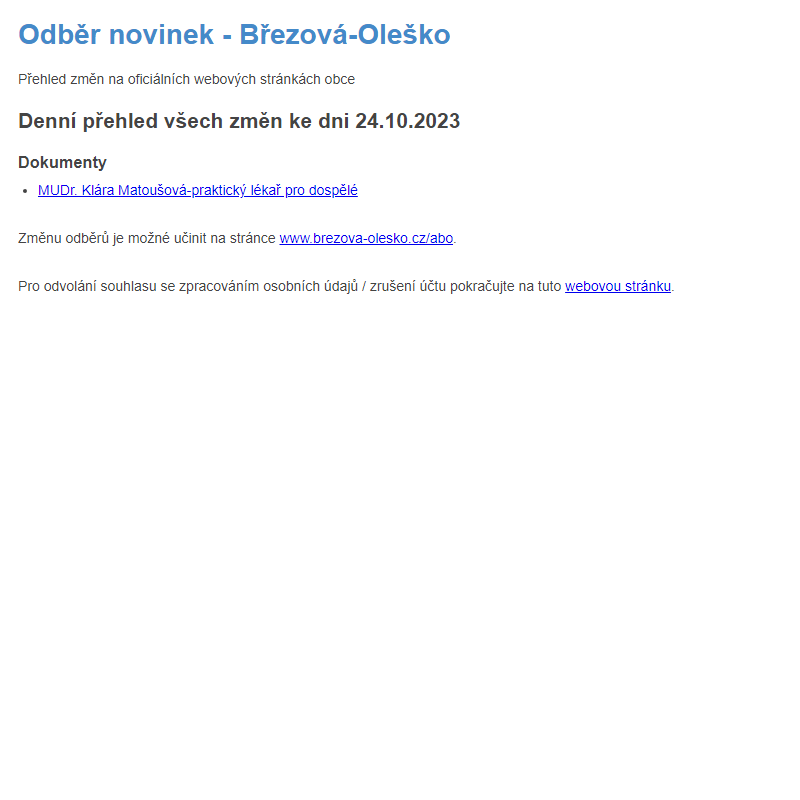 Březová-Oleško: Odběr novinek ze dne 24.10.2023