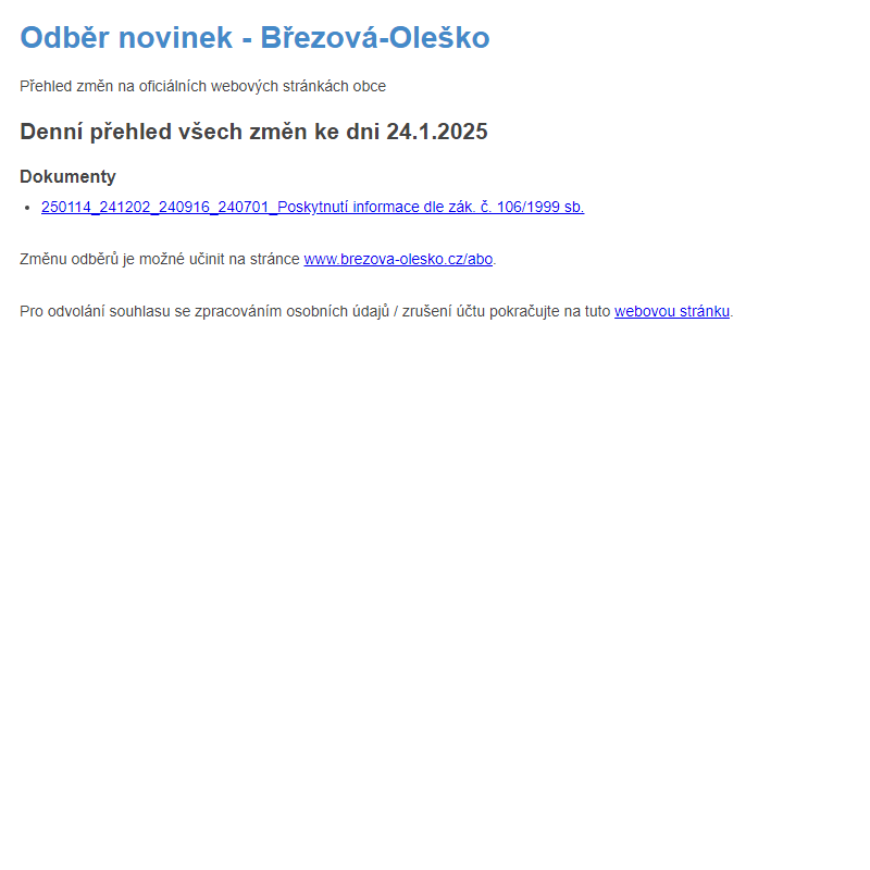 Březová-Oleško: Odběr novinek ze dne 24.1.2025