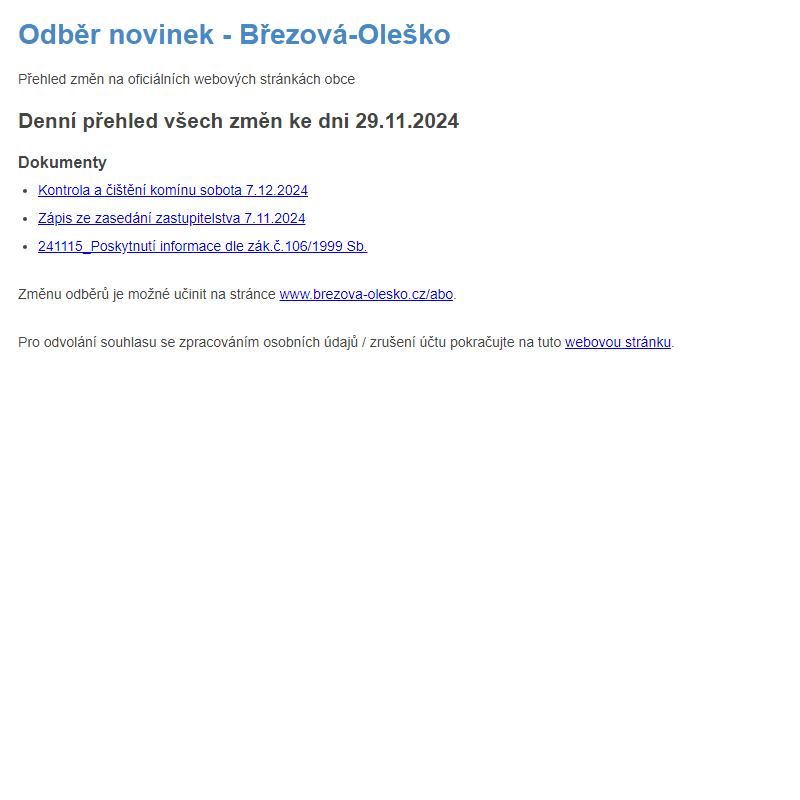 Březová-Oleško: Odběr novinek ze dne 29.11.2024