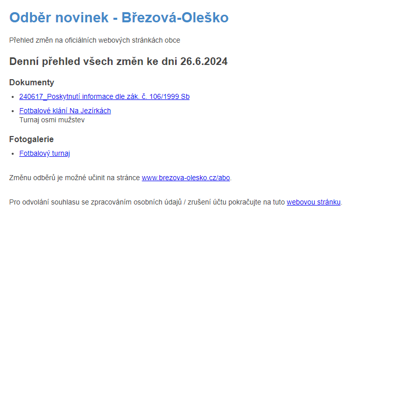 Březová-Oleško: Odběr novinek ze dne 26.6.2024