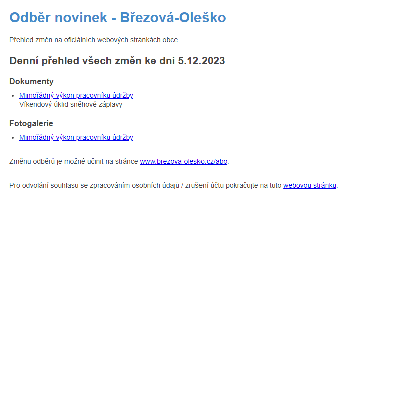 Březová-Oleško: Odběr novinek ze dne 5.12.2023