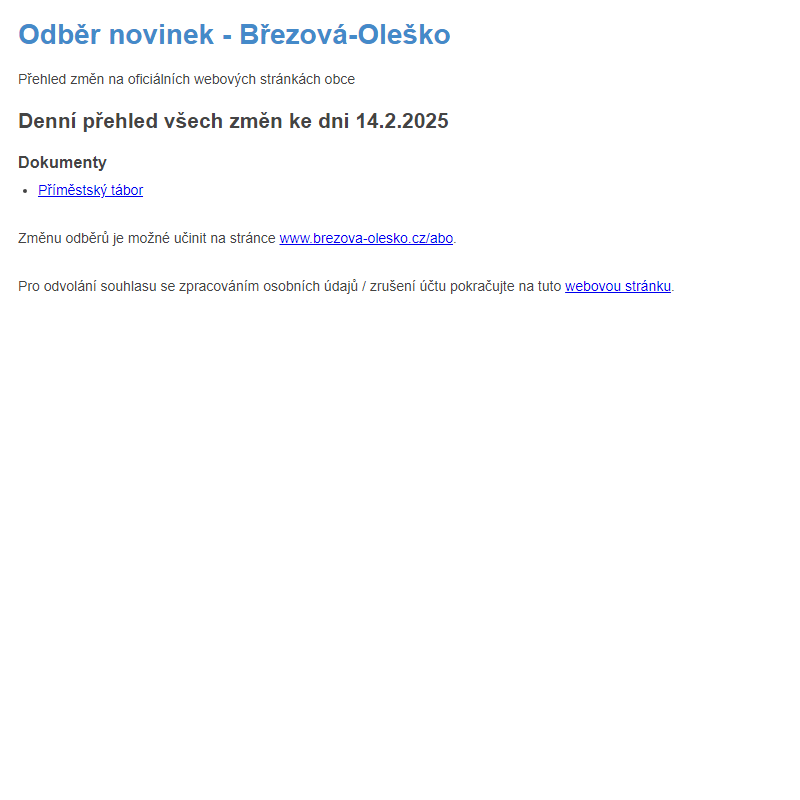 Březová-Oleško: Odběr novinek ze dne 14.2.2025