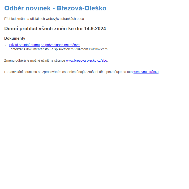 Březová-Oleško: Odběr novinek ze dne 14.9.2024