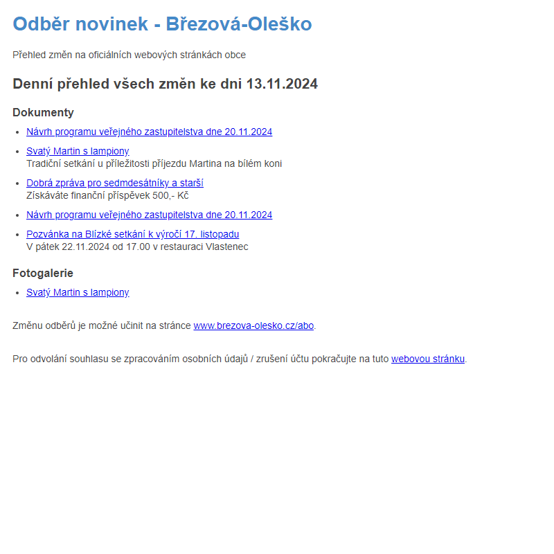 Březová-Oleško: Odběr novinek ze dne 13.11.2024