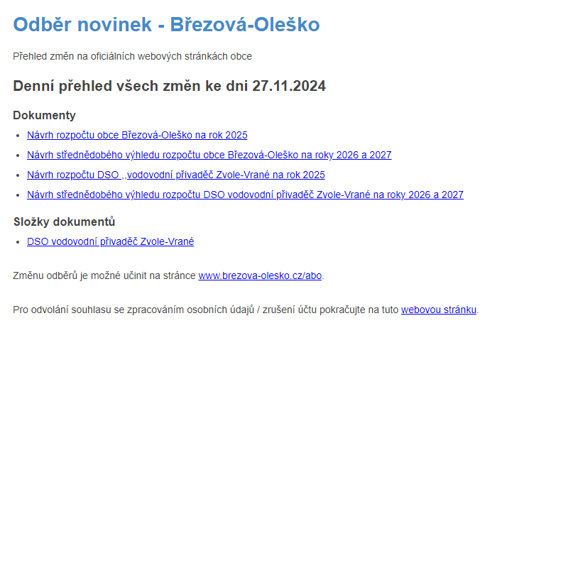 Březová-Oleško: Odběr novinek ze dne 27.11.2024