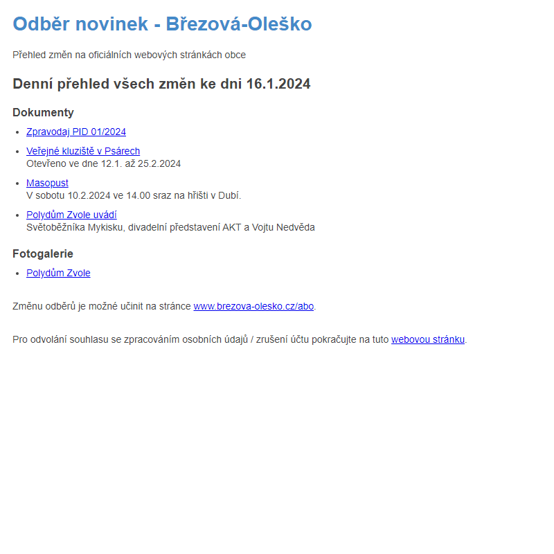 Březová-Oleško: Odběr novinek ze dne 16.1.2024