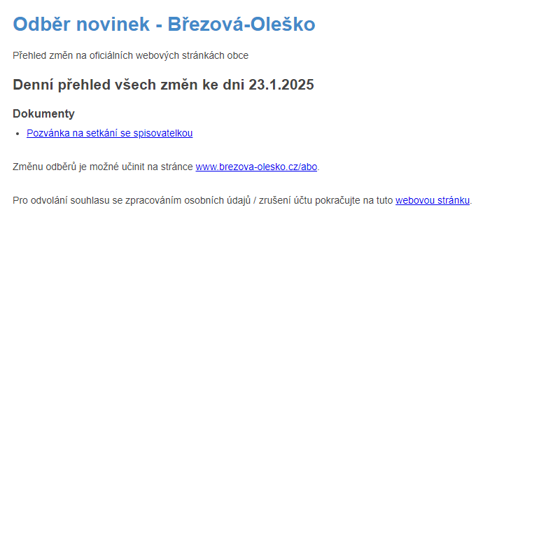 Březová-Oleško: Odběr novinek ze dne 23.1.2025