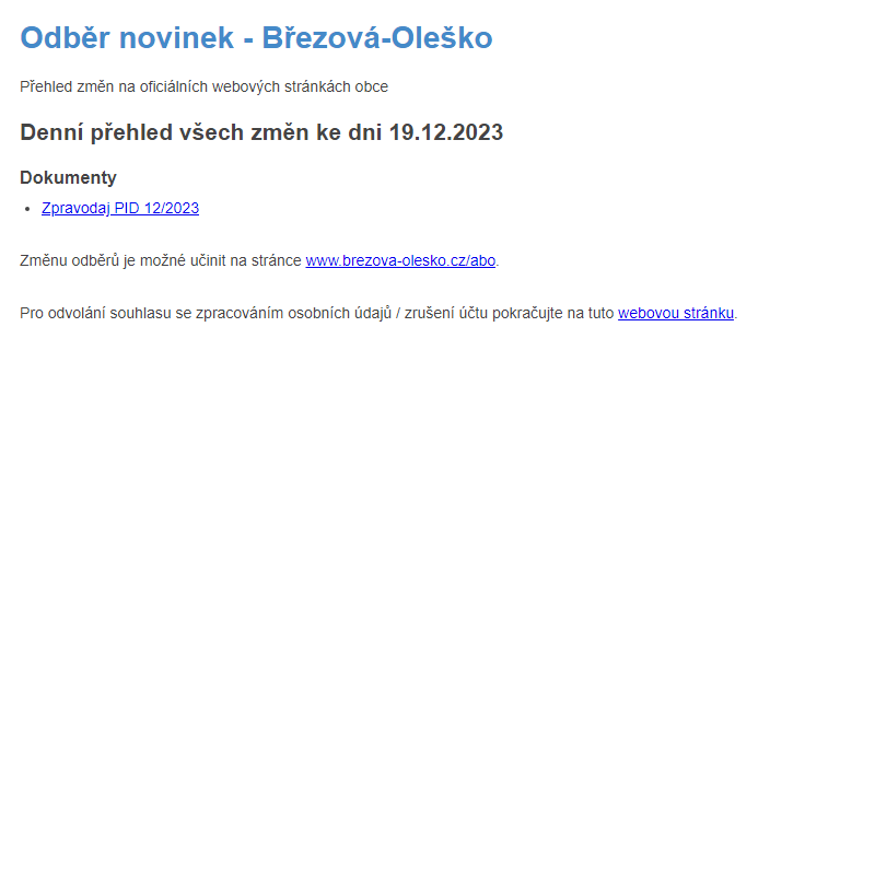 Březová-Oleško: Odběr novinek ze dne 19.12.2023