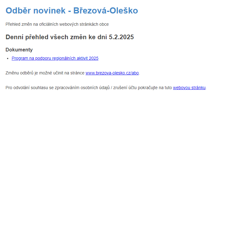 Březová-Oleško: Odběr novinek ze dne 5.2.2025