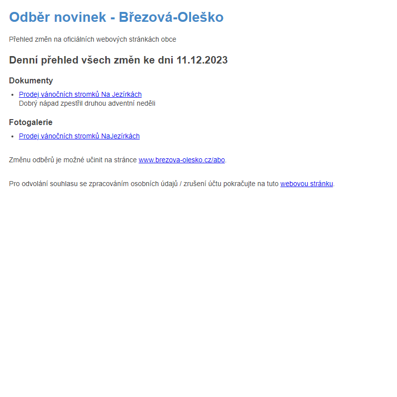 Březová-Oleško: Odběr novinek ze dne 11.12.2023