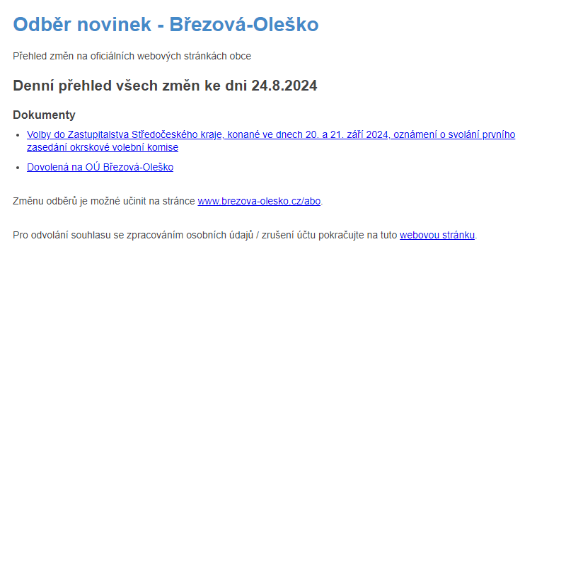 Březová-Oleško: Odběr novinek ze dne 24.8.2024