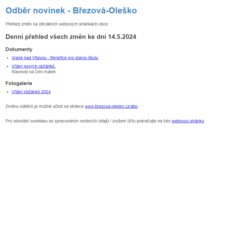 Březová-Oleško: Odběr novinek ze dne 14.5.2024
