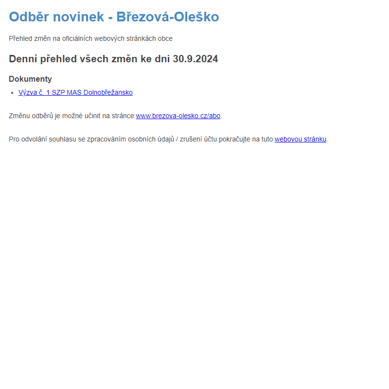 Březová-Oleško: Odběr novinek ze dne 30.9.2024